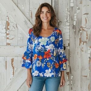 Anthropologie Floral Top With Ruffle Sleeves